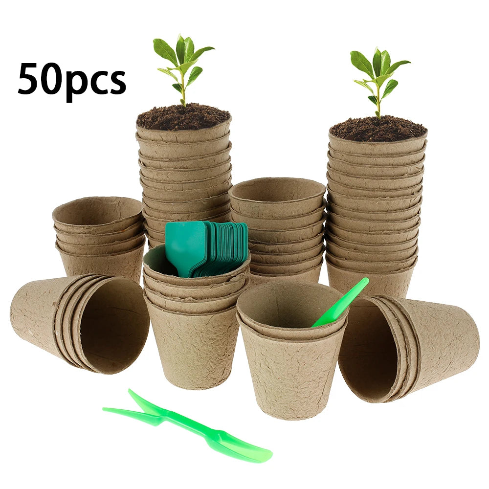 50Pcs Biodegradable Peat Nursery Pots – Eco-Friendly Seed Starter Kit with Plant Labels for Flowers, Vegetables & Herbs