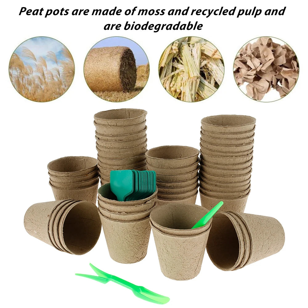 50Pcs Biodegradable Peat Nursery Pots – Eco-Friendly Seed Starter Kit with Plant Labels for Flowers, Vegetables & Herbs